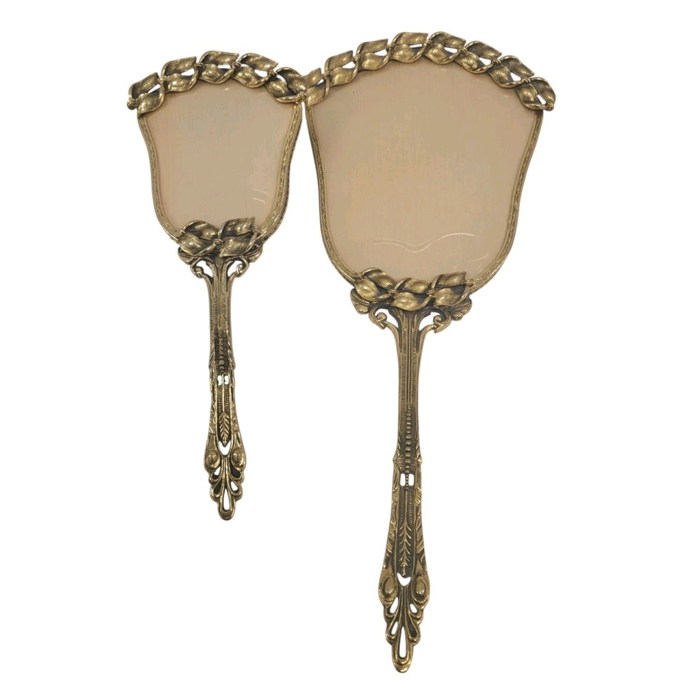 Antique 24kt Gold-Plated Vanity Dresser Set with Hand Mirror‎ and Brush